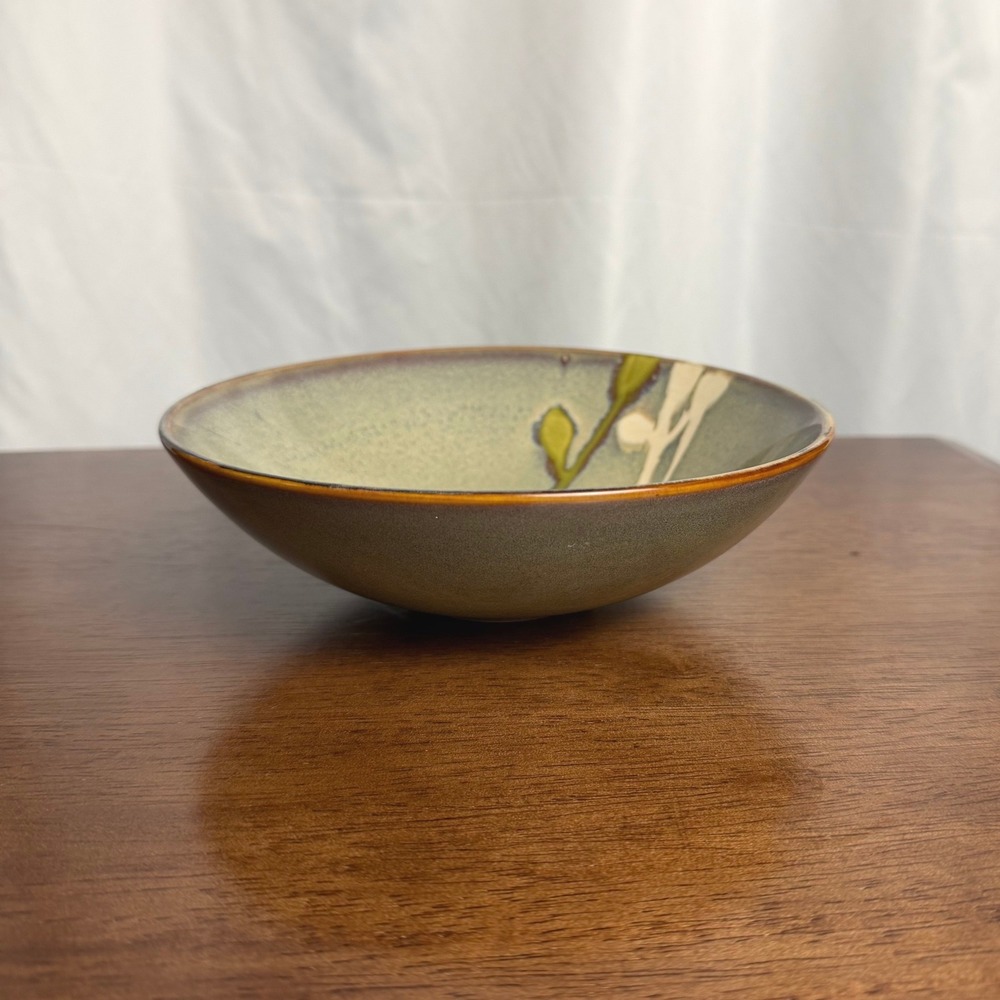 Handmade Studio Pottery Bowl Sage Green Cream Leaf Branch Motif 7" Cottage Gift